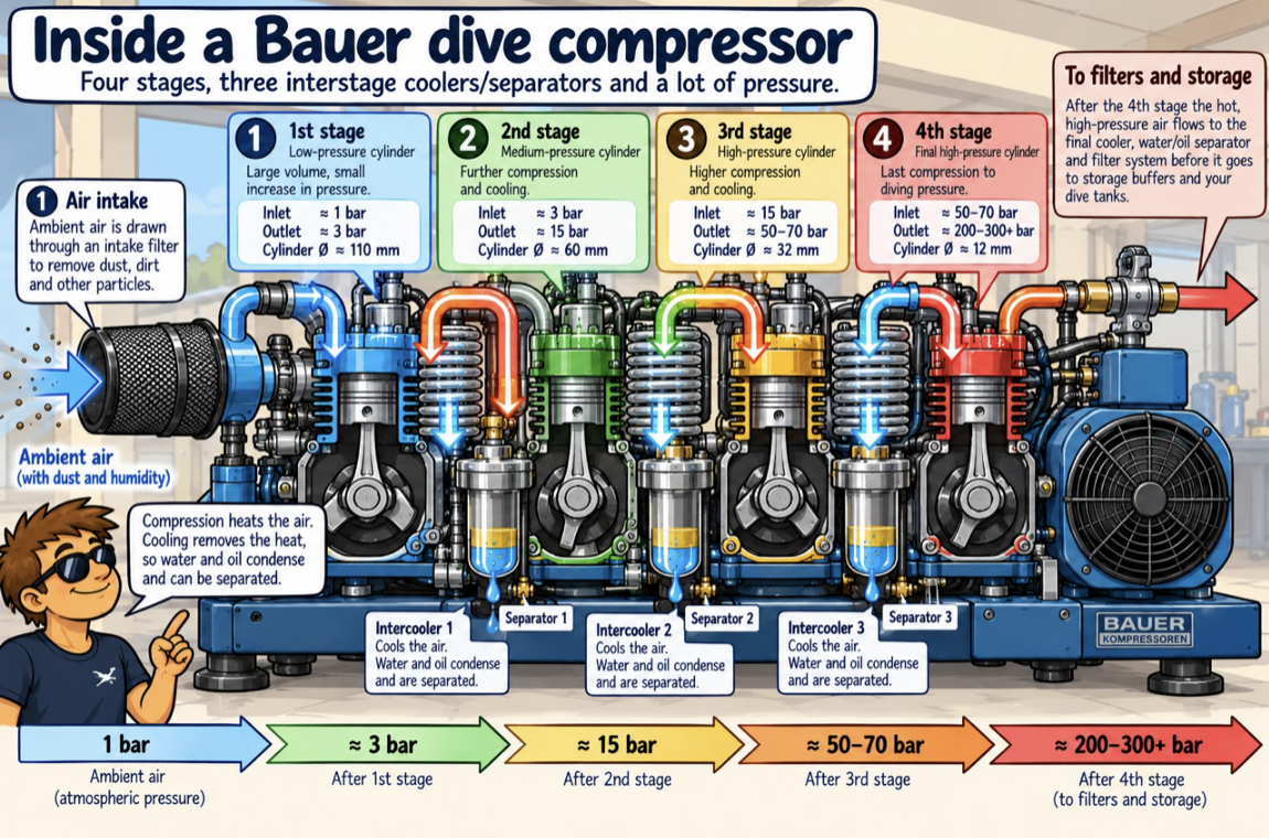 Inside a Bauer dive compressor