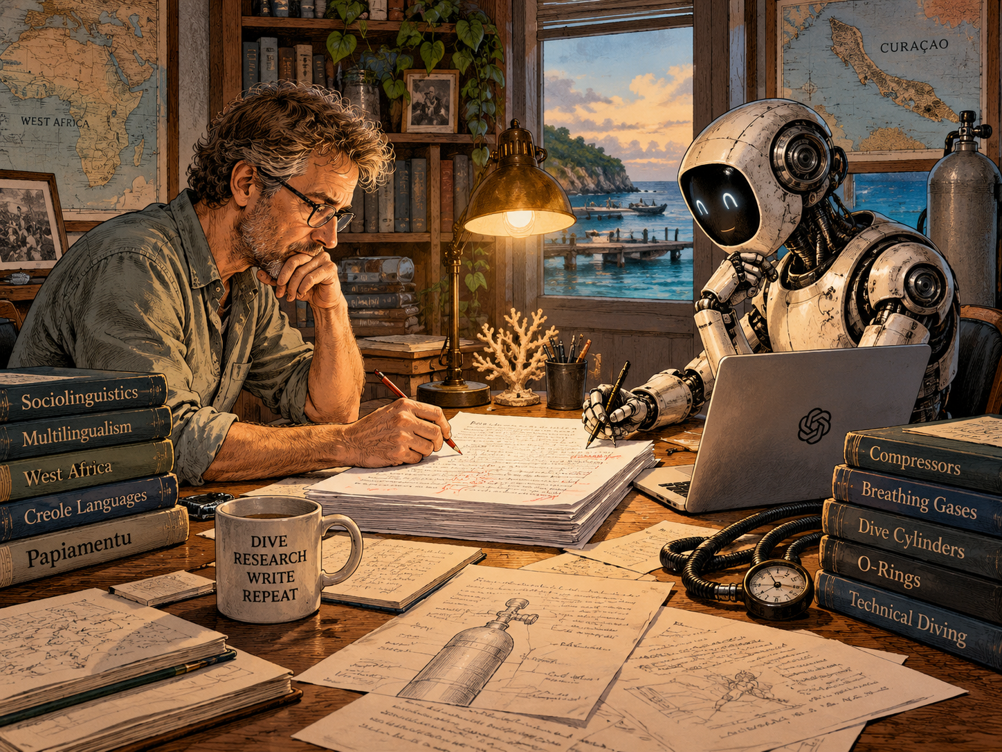 A writer and an AI robot working together at a desk overlooking Curaçao.